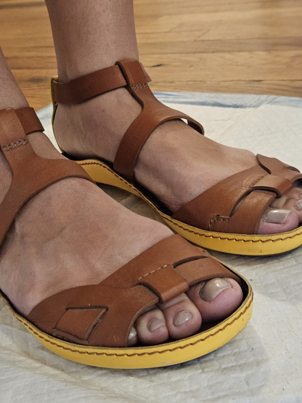 Celine Brown Leather Strappy Sandal with Red Insole and Yellow Accent sz 36